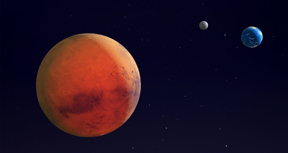 Illustration of Mars with Earth and its moon in the distance.