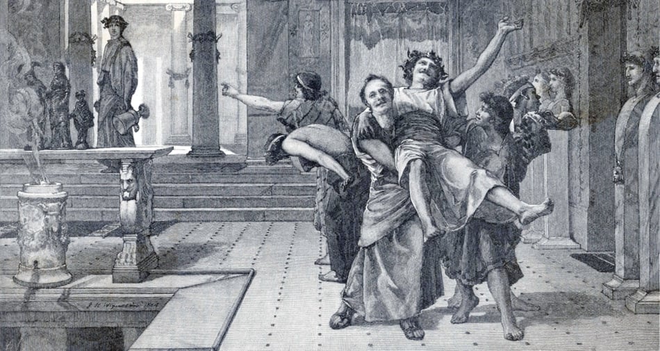 Black and white painting of a group of men celebrating Saturnalia in Rome.