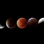 A depiction of a lunar eclipse in all its phases.