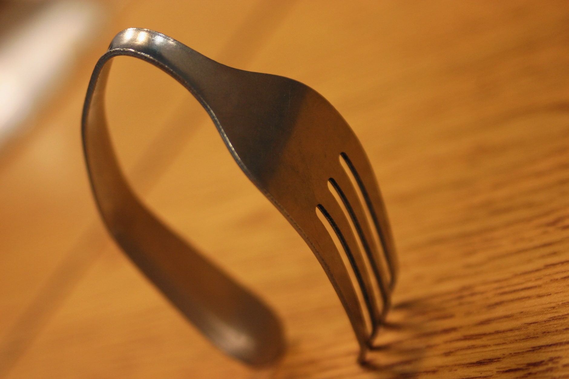 A bent silverware fork shaped into a small wall hook.