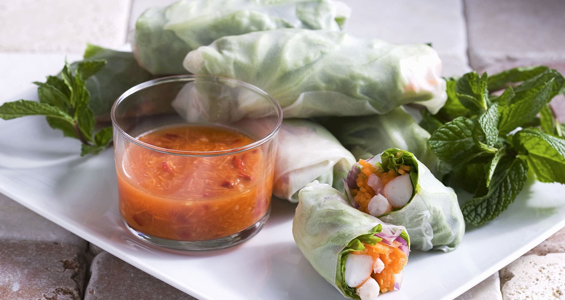 Fresh Asian spring rolls with mint.
