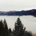 Mountains and trees showing winter inversion phenomenon.