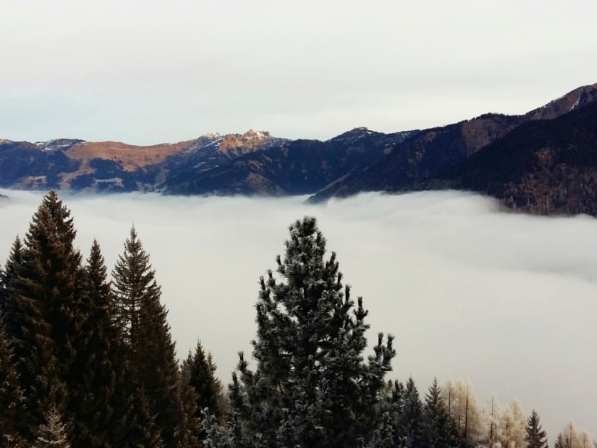 Mountains and trees showing winter inversion phenomenon.