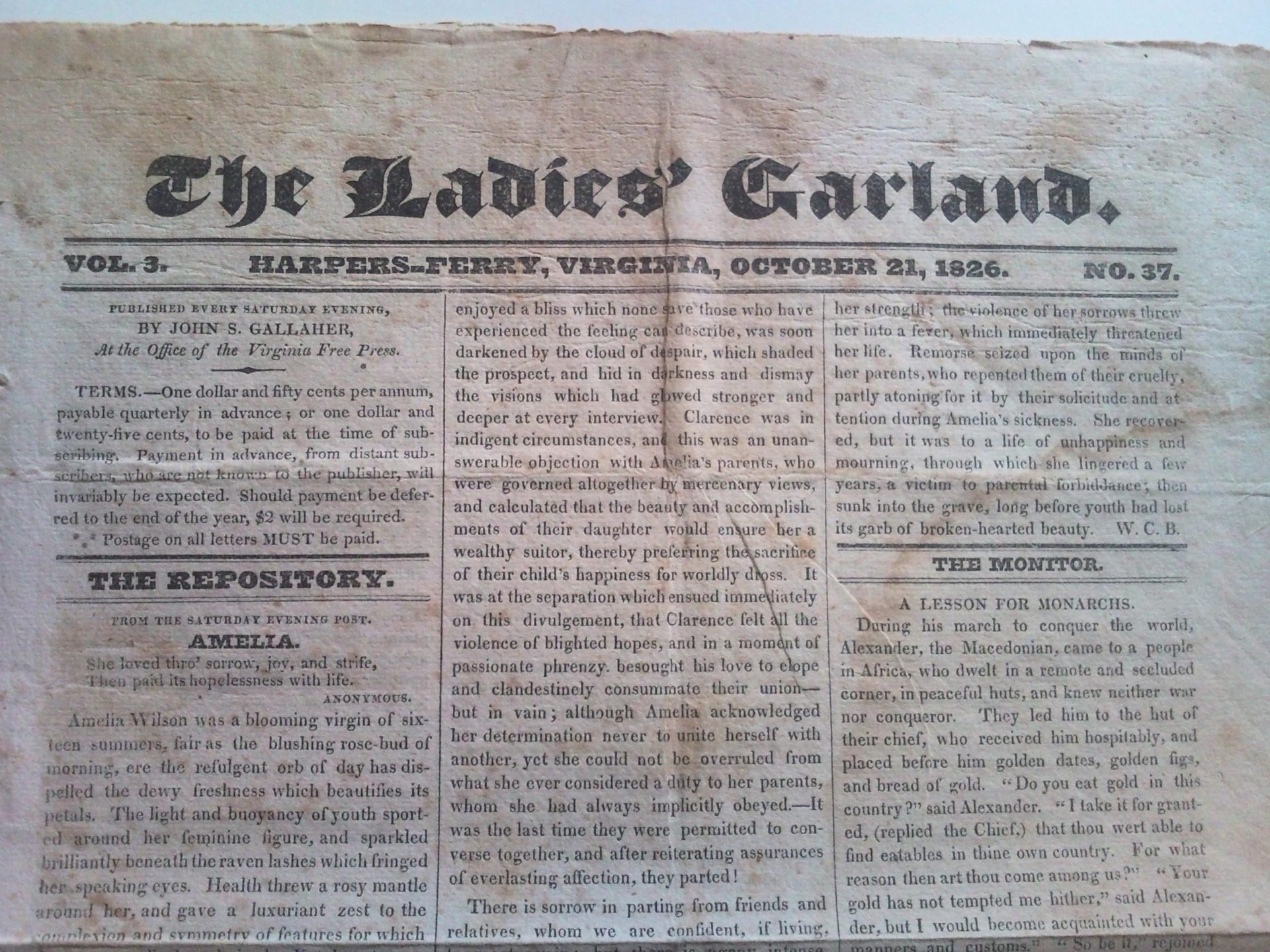 Front page of the newspaper the Ladies' Garland