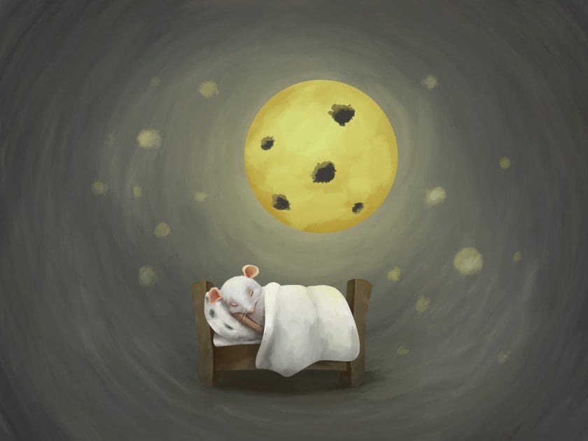 Mouse sleeping with greenish yellow Moon as cheese.