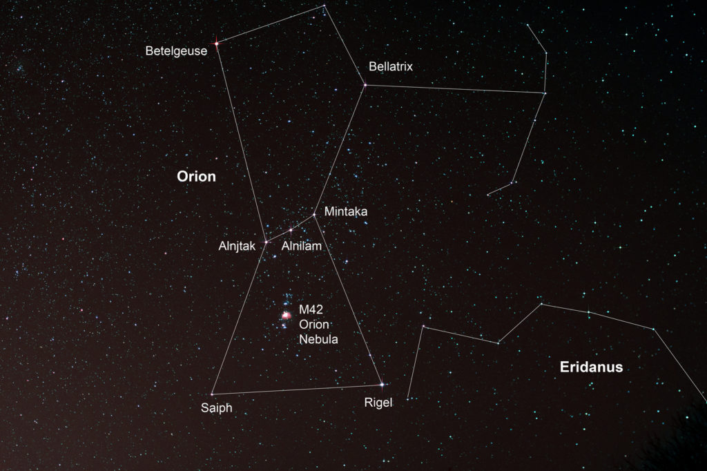 The Great Orion Nebula is the middle star in the row of 3 faint stars just below Orion's Belt. 