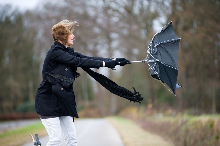 A young woman is fighting against the storm with her umbrella.