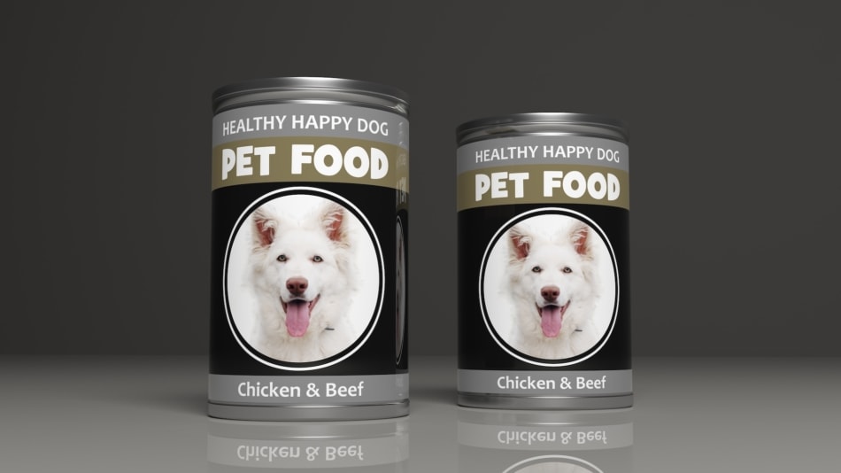 Dog food metallic cans on colored background.