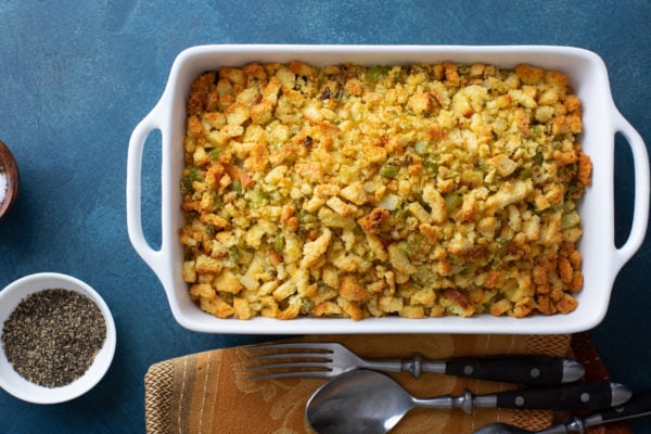 Traditional stuffing side dish for Thanksgiving or Christmas in a baking pan