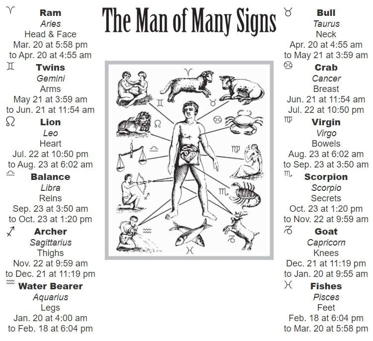 Zodiac Chart from Farmers' Almanac denoting the Man of Many Signs.