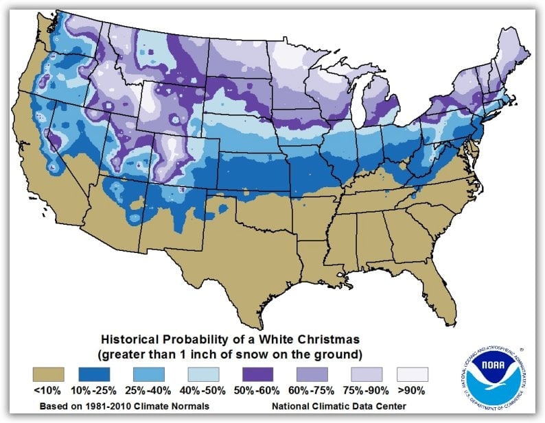 map of the historical probability of a white christmas