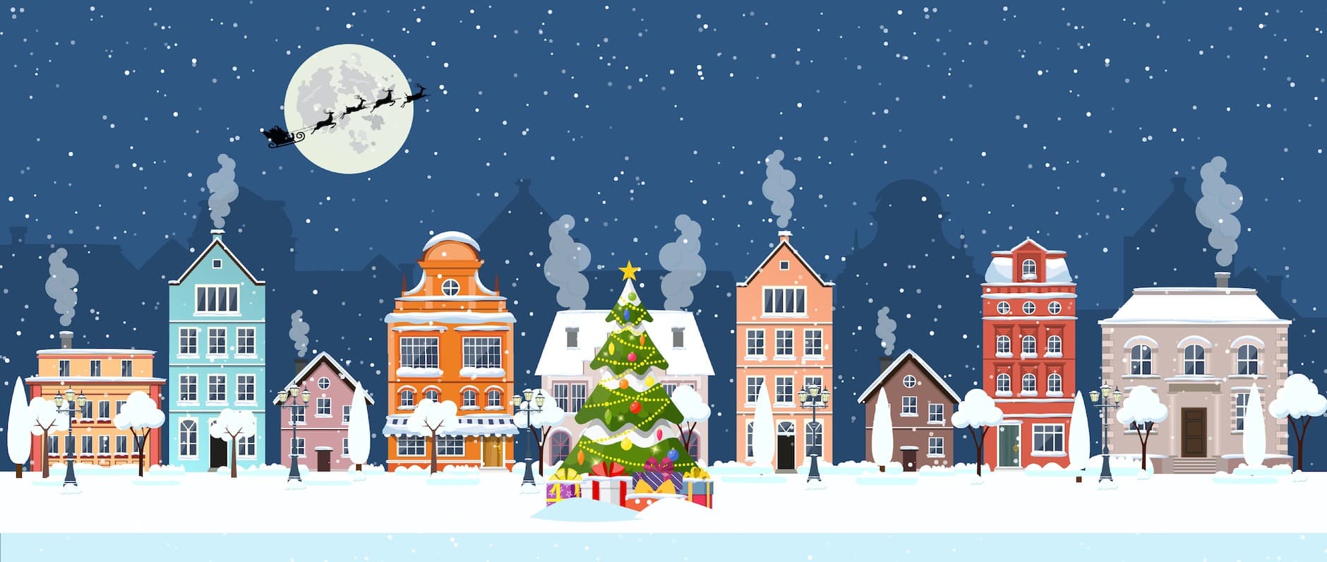 Snow-covered Christmas village scene with lit cottages, evergreens and a fresh white blanket on the ground, the classic white Christmas image