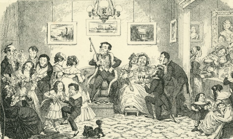 A vintage illustration of the 12th night of Christmas showing festivities.