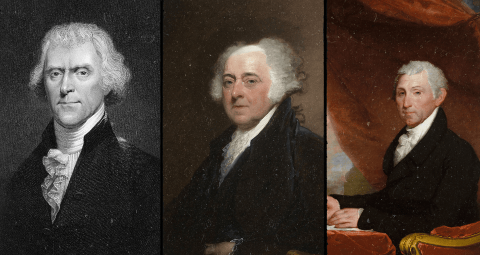 A painting portrait of Thomas Jefferson, John Adams, and James Monroe.