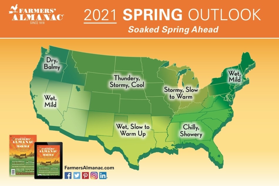 2021 Spring Weather Outlook Map for United States from the Farmers' Almanac.