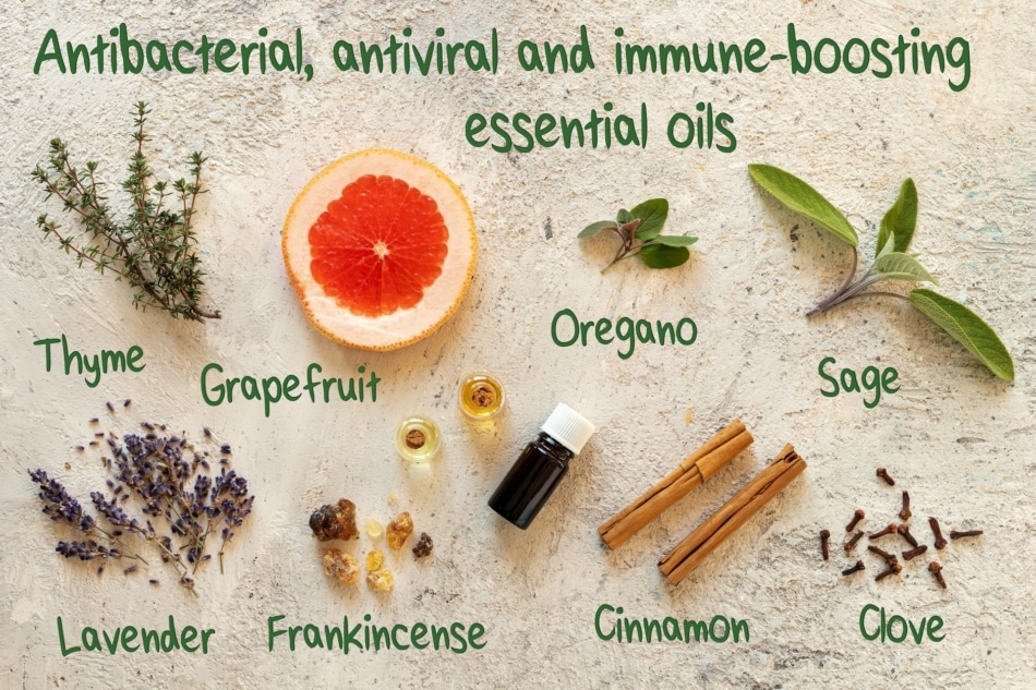 Antibacterial, antiviral and immune-boosting essential oils, with inscriptions.