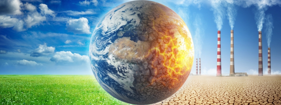 Weather and climate concept with Earth and smokestacks.