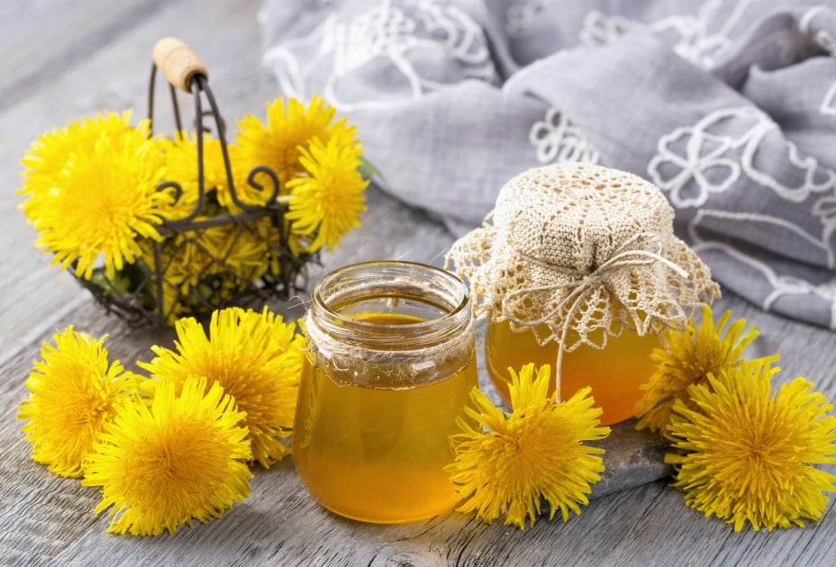 Dandelion jelly in a jar and fresh flowers