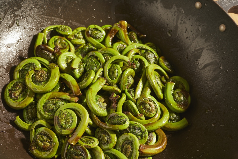 fiddlehead saute in a pan