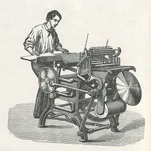 Painting of a worker using an industrial printing press in the 1900s.