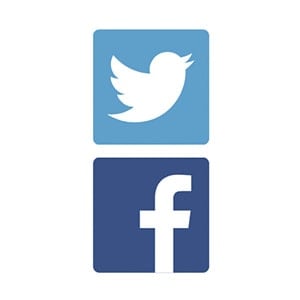 Twitter logo atop the Facebook logo.