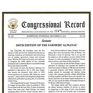 Thumbnail of the Congressional Record honoring Farmers' Almanac.