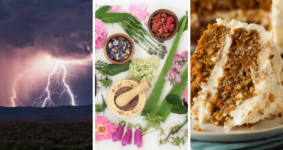 Collage of thunderstorms, spices and a cake.