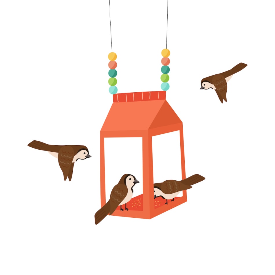 Illustration of birds at a recycled feeder from milk cartons