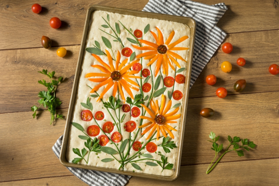Homemade Flower Focaccia Bread Art with Herbs and Vegetables