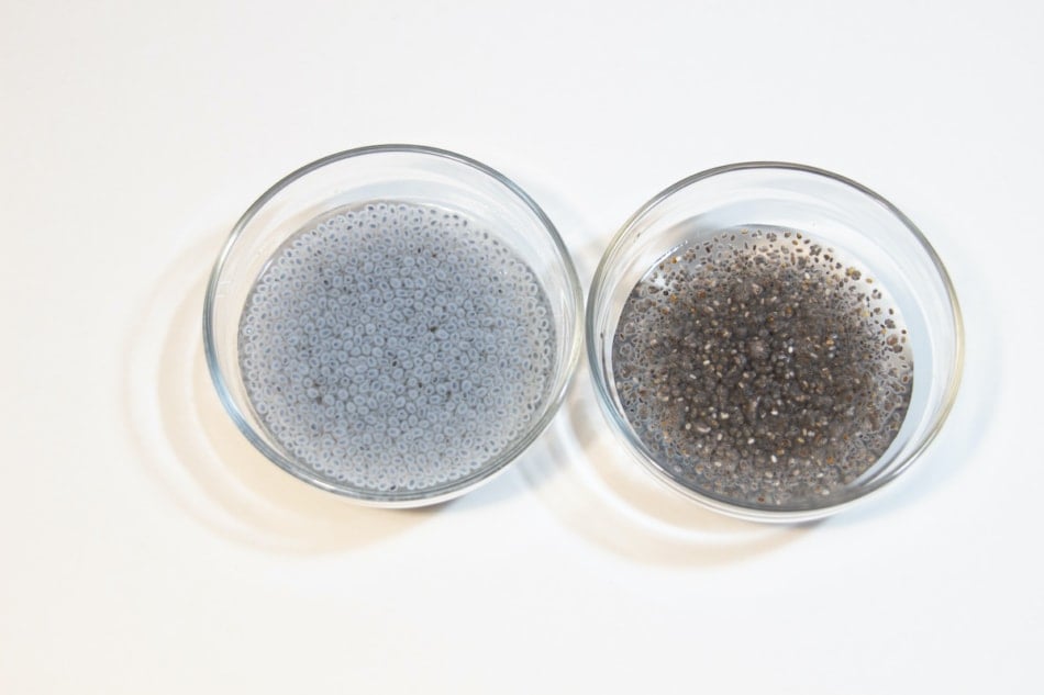 Side by side of basil seeds and chia seeds in a dish.