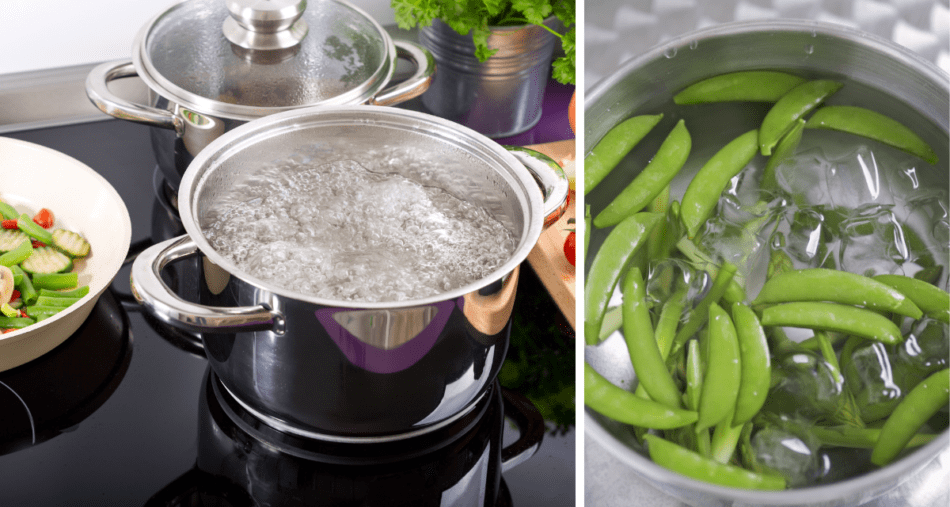 Boiling water for blanching pea pods, plunged in an ice bath