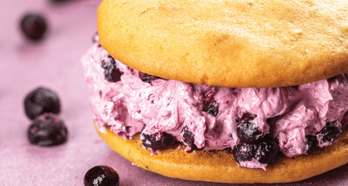 lemon zucchini whoopie pies with blueberry filling.