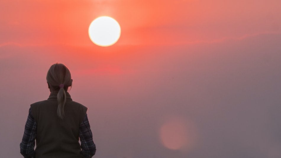 The lonely power of women against the pink sky and the large disk of the red sun.