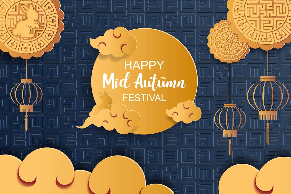 Family gathering under lanterns for the Mid-Autumn Festival
