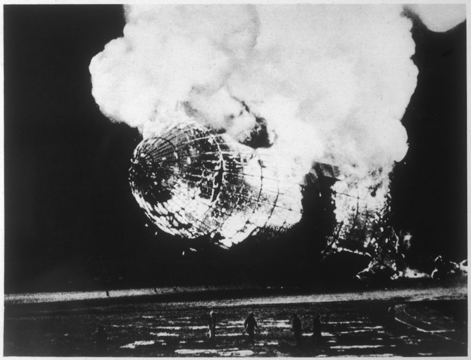 The Hindenburg zeppelin on fire.