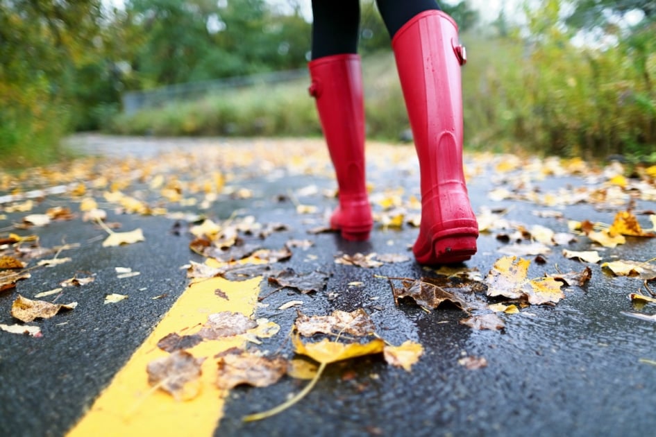 Autumn fall concept with colorful leaves and rain boots outside. Close up of woman feet walking in red boots.