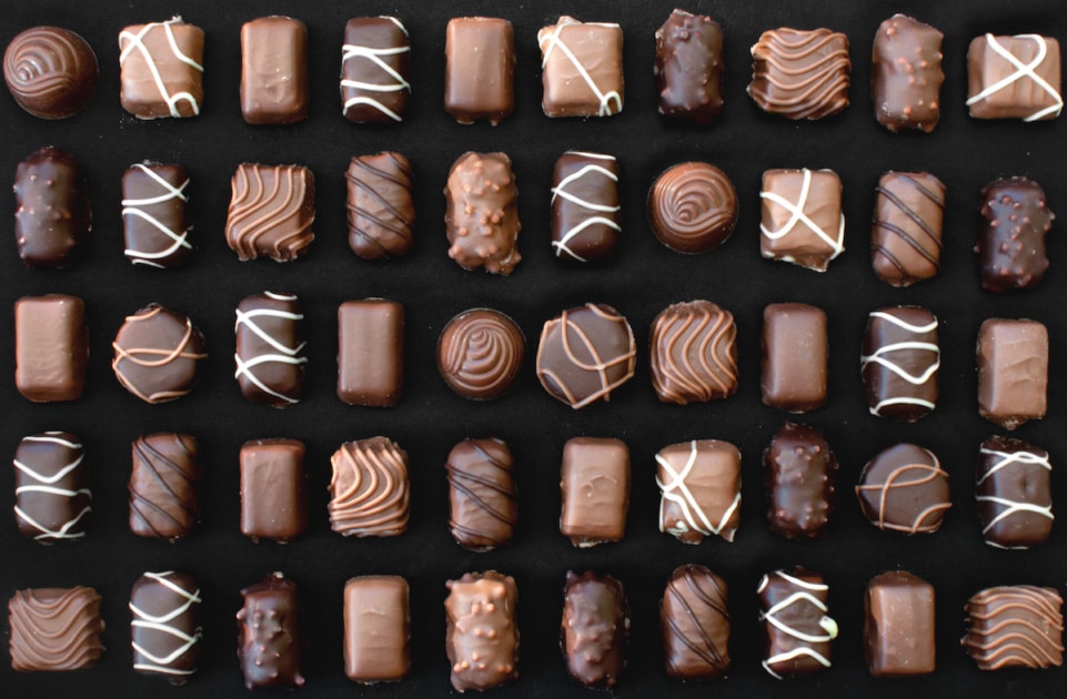 Chocolate candy selection on display.