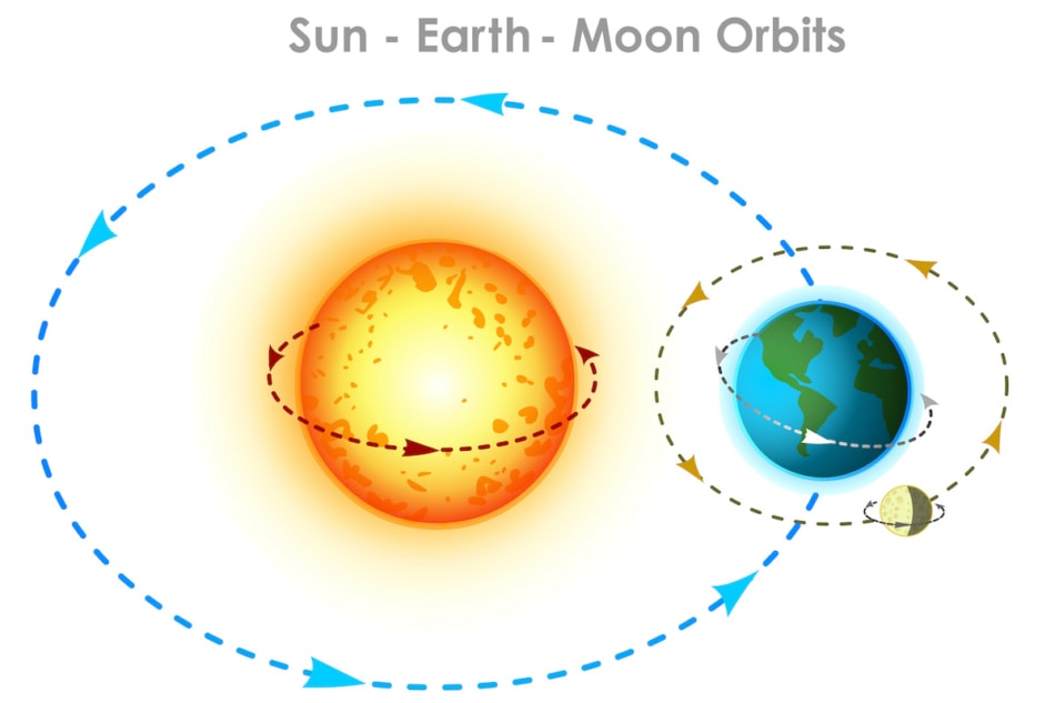 Sun, Earth, Moon orbits illustration.