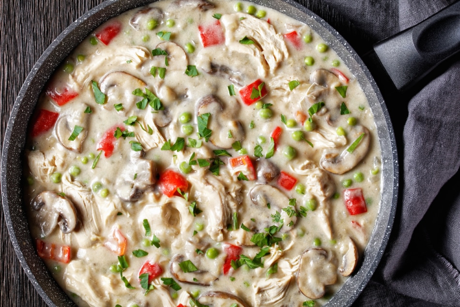 chicken a la king, cooked breast of chicken in a cream sauce with mushrooms, green peas and peppers in a saucepan on a wooden table, horizontal view from above, flat lay, close-up.