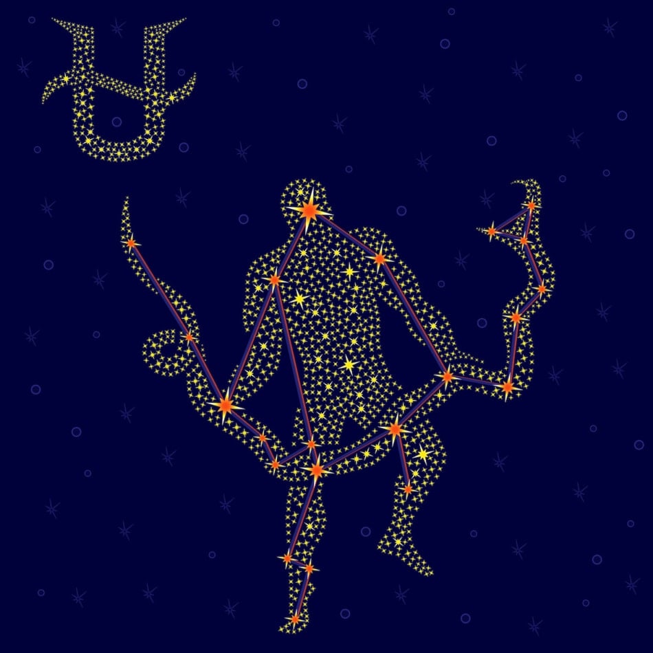 Alternative thirteenth Zodiac sign Ophiuchus on a background of the starry sky with the scheme of stars in the constellation, vector illustration.