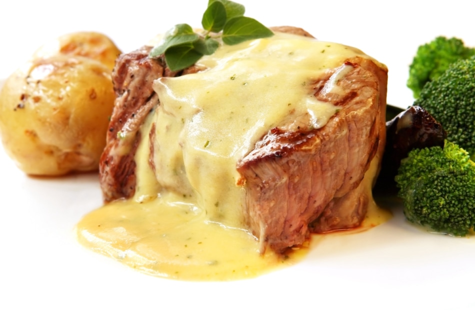 Filet Mignon ~ perfectly grilled thick-cut beef steak, with bearnaise sauce, baby roast potatoes, and broccoli.