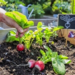 Fresh radishes dug out of the ground in the garden.