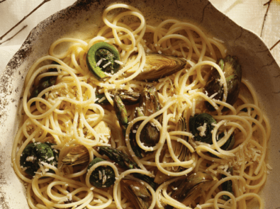 Spaghetti With Fiddleheads and Artichokes Recipe featured image