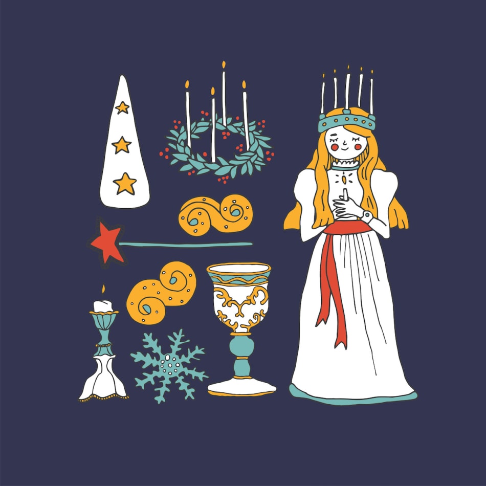 Saint Lucia Day celebration elements set. Swedish Christmas tradition. Saffron buns, candle crown and snowflake hand drawn vector illustration. Perfect for cards, posters and banners