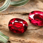 Red garnet gemstones with leaves in background.