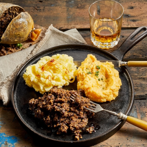 Rustic meal of haggis, neeps and tatties.