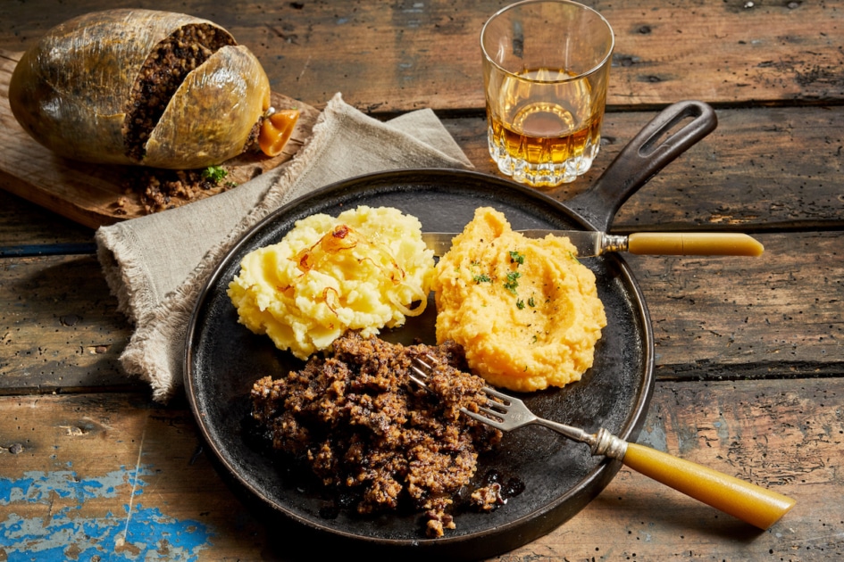 Rustic meal of haggis, neeps and tatties.