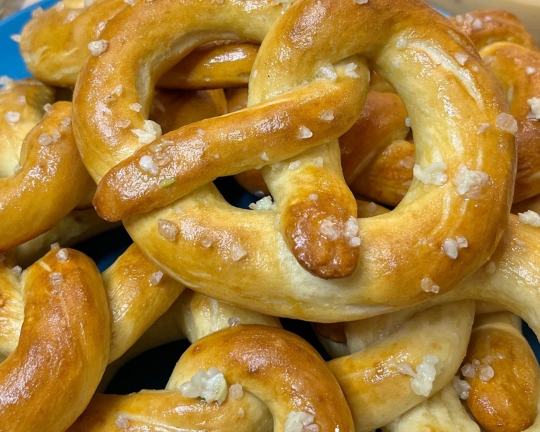 Soft pretzels close up.