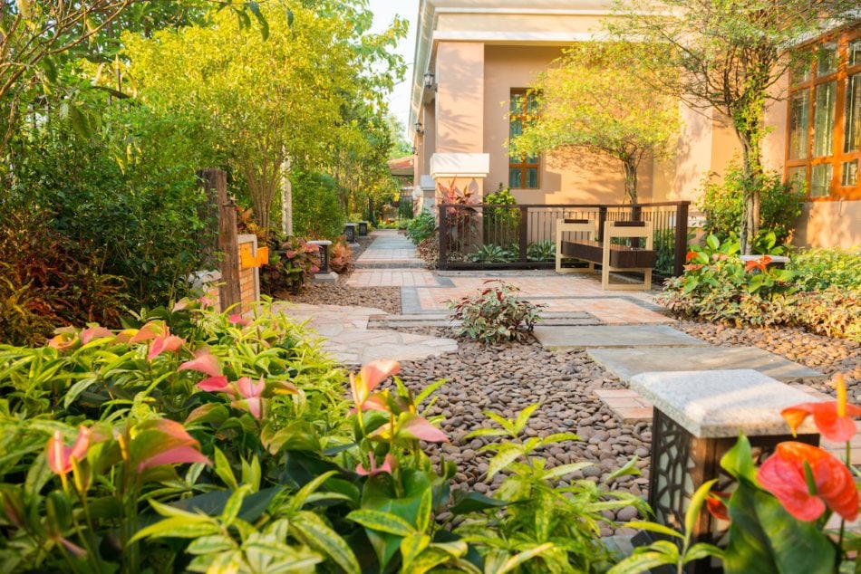 Rock and stone path through garden.