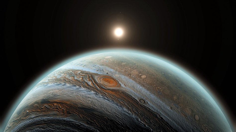 Jupiter planet in space, close up shot. Universe, solar system's giant, beautiful planet with shadow.